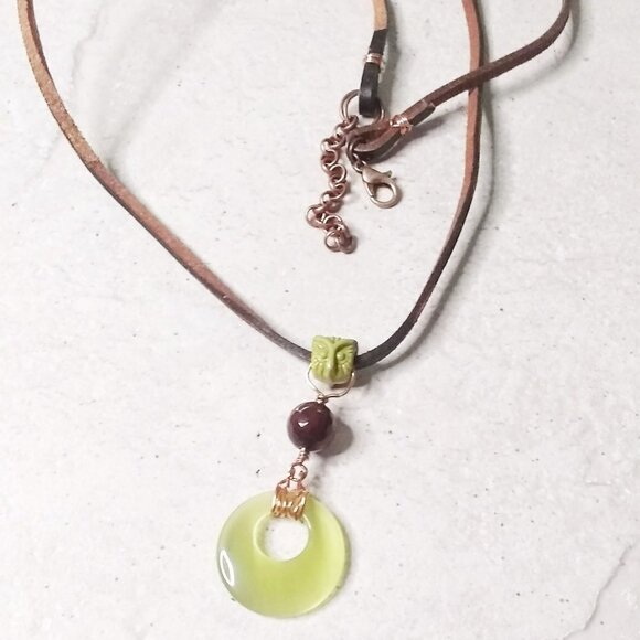 Handmade Owl Pendant: CatsEye + Fire Agate + Patina Paint + Real Leather Cord! - Picture 2 of 9